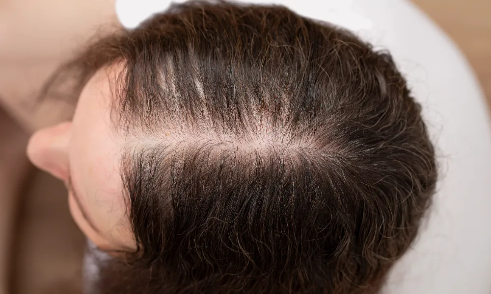 Hair loss after 40 male showing thinning hair and reduced density on scalp